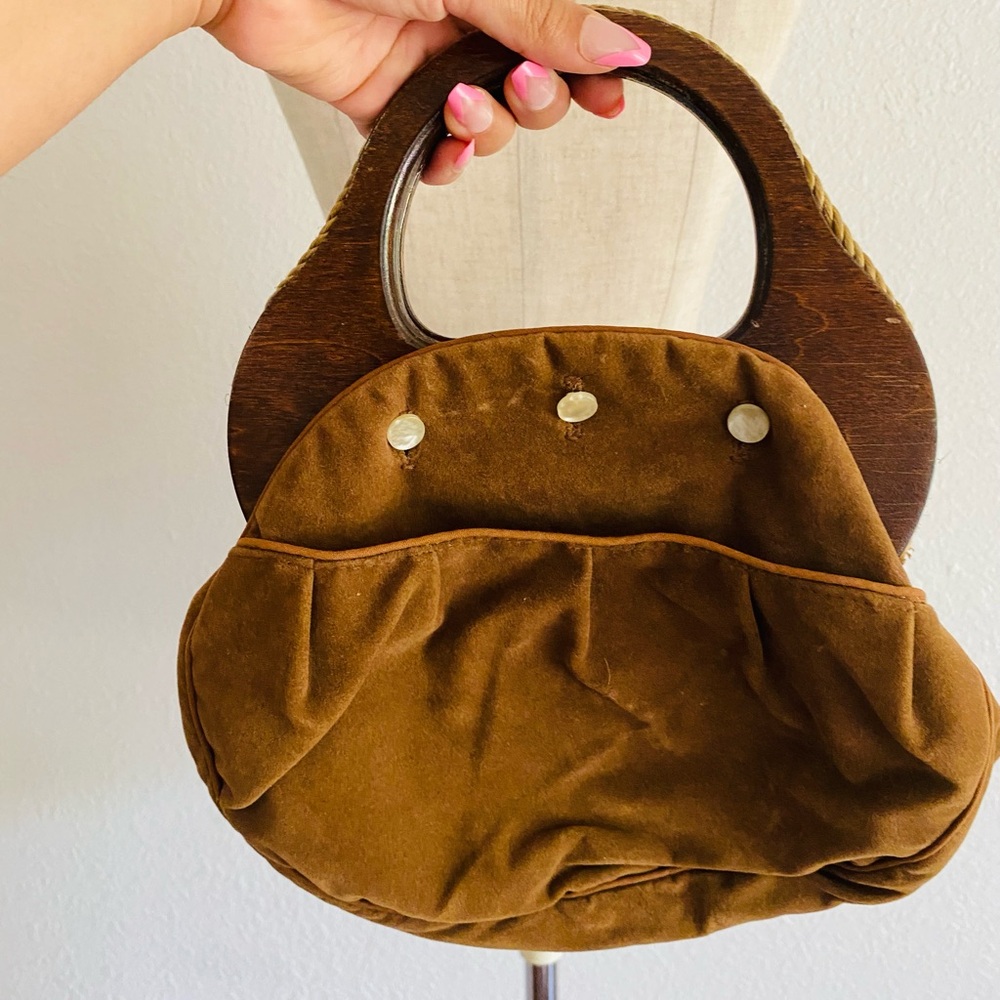 VINTAGE 70s BERMUDA BAG PURSE WOOD HANDLE BY BANNER HOUSE REVERSIBLE COVER - Picture 2 of 7